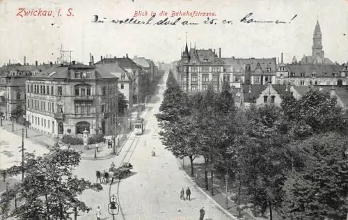 Zwickau i. S. Blick in die Bahnhofstrasse Postkarte AK 1932