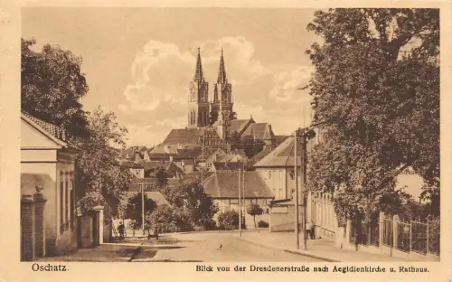 Blick von der Dresdnerstraße Aegidienkirche und Rathaus Oschatz Sachsen AK 1943
