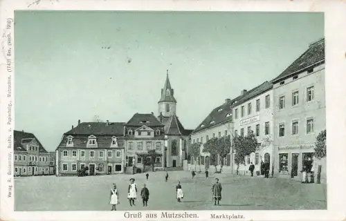 AK Mutzschen Marktplatz Kirche Kinder Sachsen 1911 gelaufen Postkarte