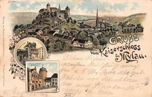 Gruss vom Kaiserschloss zu Mylau Vogtland Sachsen Litho Postkarte AK 1899