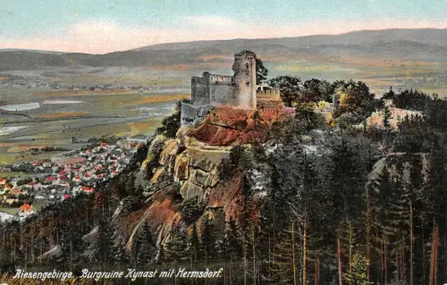 Riesengebirge Burgruine Kynast mit Hermsdorf Postkarte AK