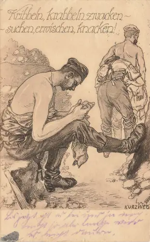 Kribbeln, krabbeln, zwacken, suchen erwischen, Knacken Kurzweg Postkarte AK 1917