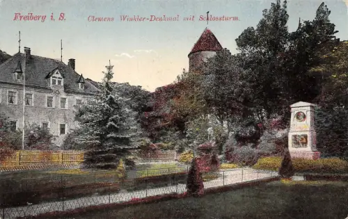 Freiberg i. S. Clemens Winkler-Denkmal mit Schlossturm Postkarte AK 1924
