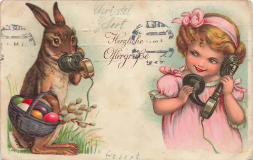 Hase am Telefon Ostergrüße Postkarte 1931