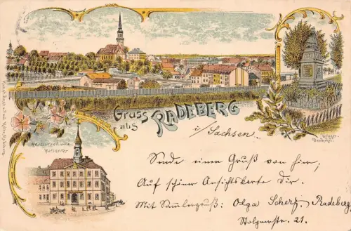 Gruss aus Radeberg mit Restaurant und Denkmal Sachsen Litho Postkarte AK 1899