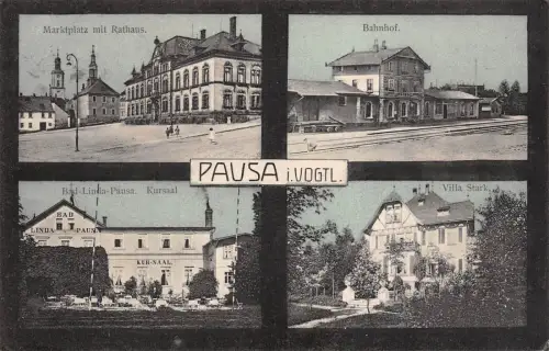 Pausa Vogtland Marktplatz Bahnhof Kursaal AK 1912
