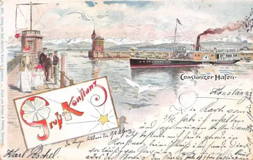 Gruß aus Konstanz Constanzer Hafen Dampfer Baden-Württemberg Postkarte AK 1899