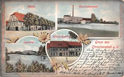Christianstadt / Bober Krzystkowice Schulz Gasthaus Postkarte Bahnhpost 1904
