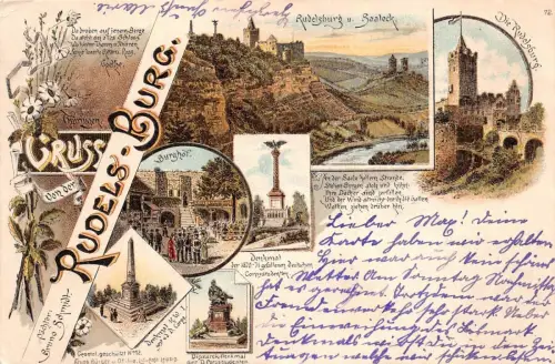 Gruss von der Rudels-Burg Saaleck Burghof Denkmal Litho Postkarte AK 1896