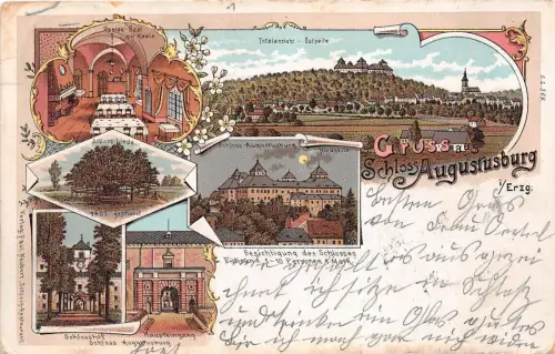Gruss aus Augustusburg Erzg. Schloss Totalansicht Litho Postkarte gel. 1900
