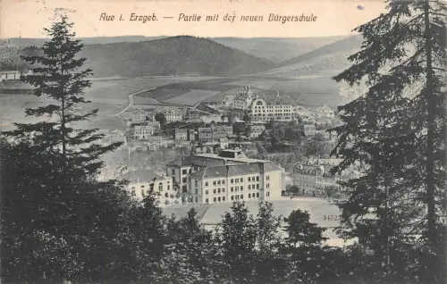 Partie mit der neuen Bürgerschule Aue Erzgebirge Sachsen Postkarte AK 1912