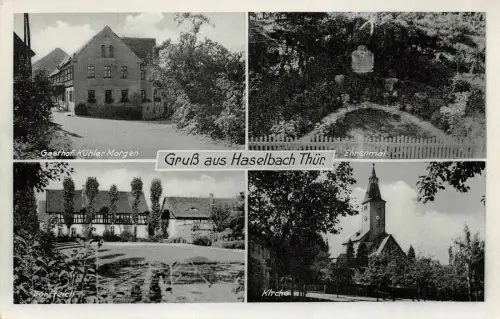 Gruß aus Haselbach Thür. Gasthof Kühler Morgen Dorfteich Postkarte AK