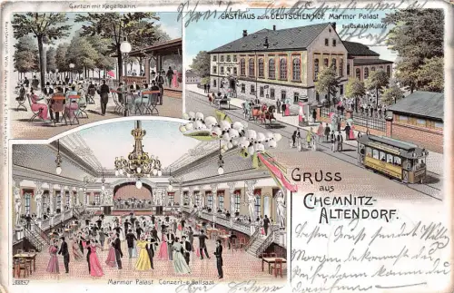 AK Chemnitz - Altendorf Gasthaus Deutschen Hof Strassenbahn Marmor Palast 1902