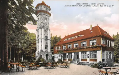 Aussichtsturm mit Unterkunftshaus Scheibenberg Erzgebirge Sachsen AK 1930