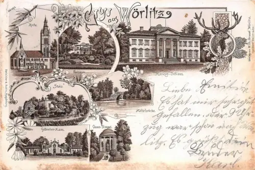 Gruss aus Wörlitz Herzogl.-Schloss Hohebrücke Venus-Tempel Litho AK 1900