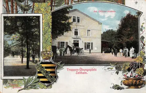 Zeithain Truppen Übungsplatz Soldaten am Offizier Kasino Wappen Postkarte 1910