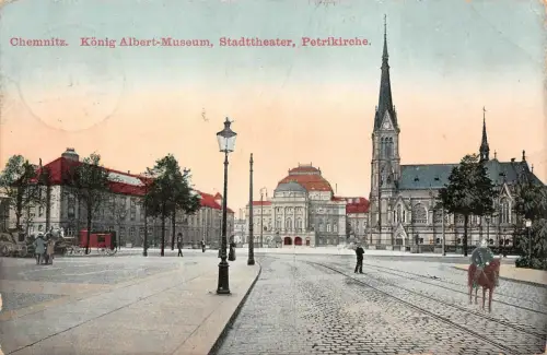 König Albert-Museum, Stadttheater und Petrikirche Chemnitz Sachsen AK 1911