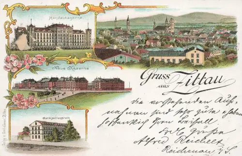 Mandaukaserne, Neue Kaserne und Lazarett Zittau Sachsen Litho Postkarte AK 1898