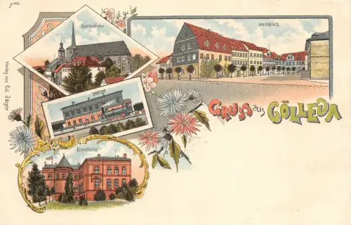 Kölleda BAHNHOF Marktplatz Litho Postkarte