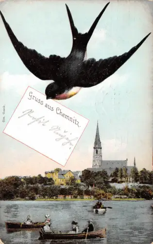 Chemnitz Sachsen Boote, Schwalbe Prosit Neujahr Postkarte 1911