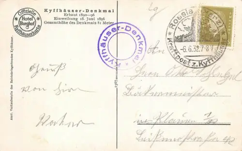 Denkmal Kaiser Wilhelm I. Auf dem Kyffhäuser Wirtschaft Burgruine AK 1932