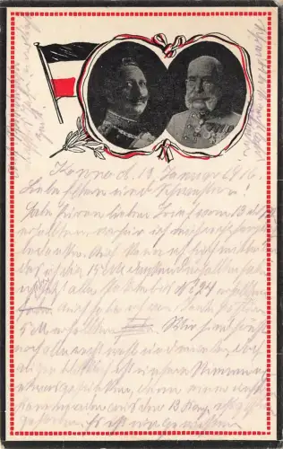Portrait Wilhelm II. mit Franz Joseph I. mit Reichsfahne Patriotika AK 1916
