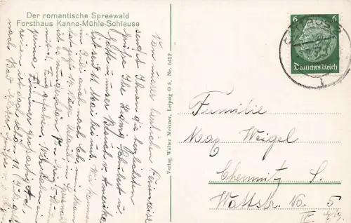 Forsthaus Kanno-Mühle-Schleuse Spreewald Brandenburg Postkarte AK 1937