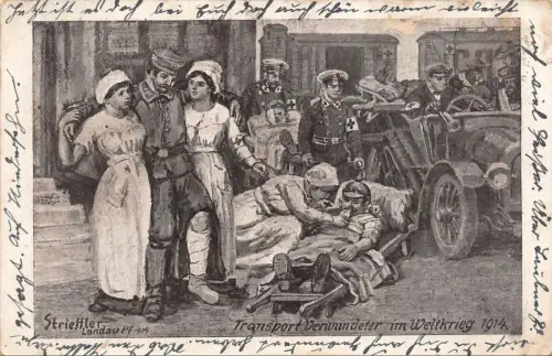 Transport Verwundeter im Weltkrieg Rotkreuz Patriotika Postkarte AK 1915