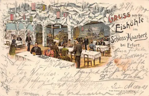 Gruss aus der Eishöhle Schloss Haarberg bei Erfurt Postkarte AK 1900