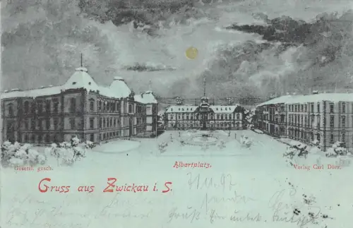 Gruss aus Zwickau Albertplatz im Winter Sachsen Mondschein-Postkarte AK 1897
