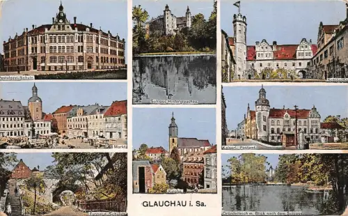Panorama Karte Glauchau mit Postamt und Schloss Sachsen Postkarte