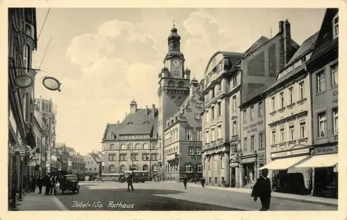 Straßenansicht und Rathaus Döbeln Sachsen Postkarte AK 1940