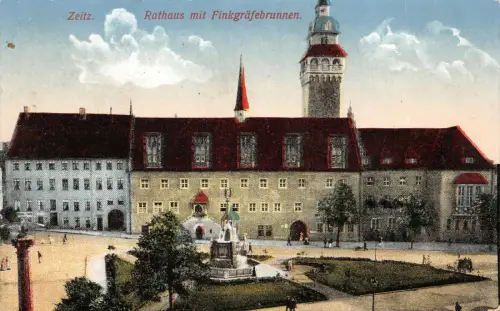 Zeitz Rathaus mit Finkgräfebrunnen Postkarte 1915