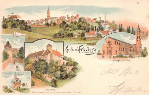 Gruss aus Friedberg in Bayern Schloss Stadtpfarrkirche Litho AK 1898