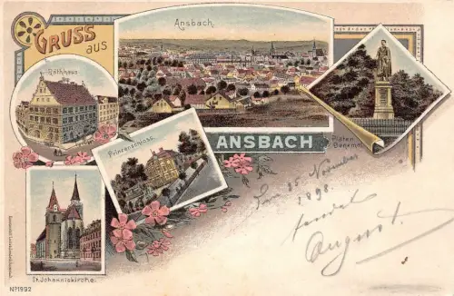 Gruss aus Ansbach Prinzenschloss Rathaus St. Johanniskirche Litho AK 1898
