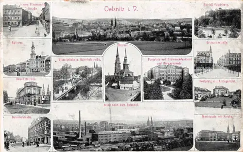 Oelsnitz Vogtland Bahnhof, Bahnhofstrasse, Plauensche Strasse Postkarte 1911