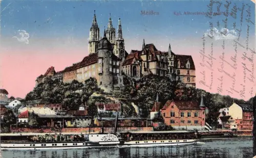 Partie an der Elbe Dampfer König Georg und Albrechtsburg Meißen Sachsen AK 1918