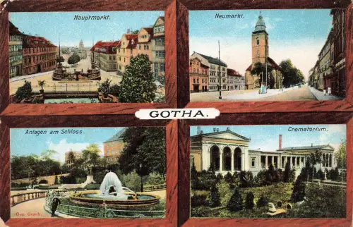 Blick auf Markt mit Krematorium, Schlossanlagen Gotha Thüringen Postkarte AK