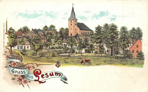 Gruss aus Lesum Bremen Kirche Litho Postkarte