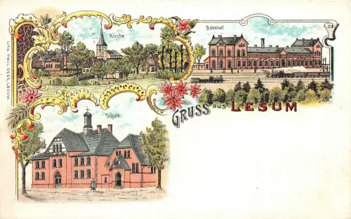 Gruss aus Lesum Bahnhof Kirche Schule Bremen Litho AK