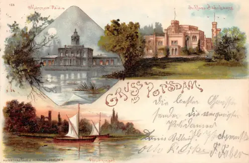 Gruss aus Potsdam Schloss, Palais, Mondschein Litho Postkarte 1897