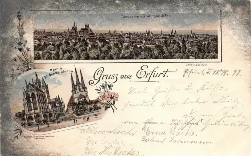 Gruss aus Erfurt Dom & Serverikirche Panorama v. Grolmannshöhe Litho AK 1897