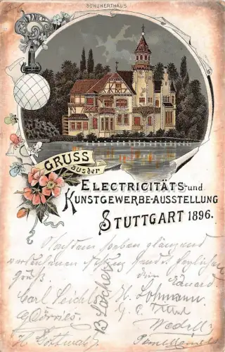 Gruss aus der Electricitäts- und Kunstgewerbeausst. Stuttgart Postkarte AK 1896