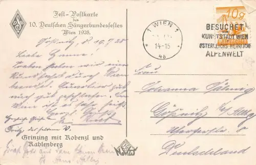 Fest Postkarte 10 DEUTSCHEN SÄNGERBUNDESFESTES WIEN 1928 Grinzig Kobenzl