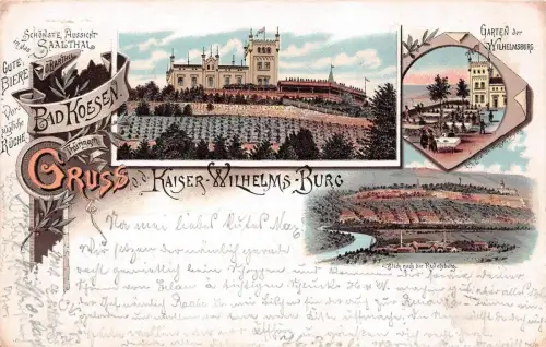 Gruss v. d. Kaiser-Wilhelm-Burg Bad Koesen Schönste Aussicht Litho AK 1895