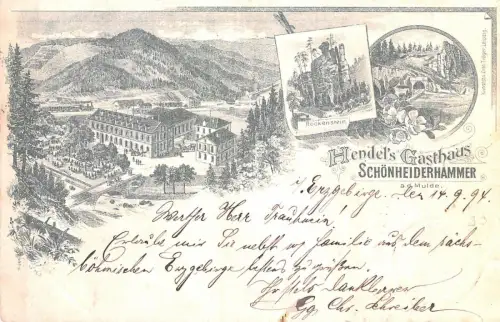 Hendel's Gasthaus Schönheiderhammer Rockenstein Federlitho Vorläufer AK 1894