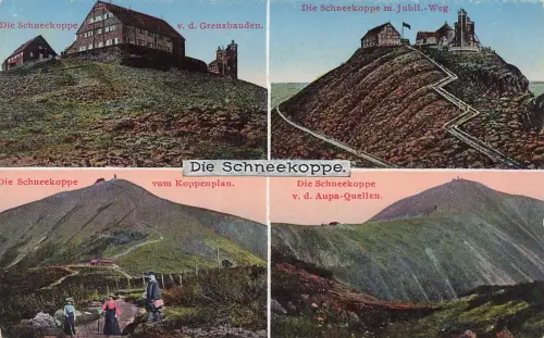 Panorama Die Schneekoppe mit Grenzbauden und Jubil.-Weg Schlesien Postkarte AK