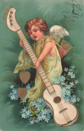 Engel mit Gitarre Glückwunsch Postkarte 1903