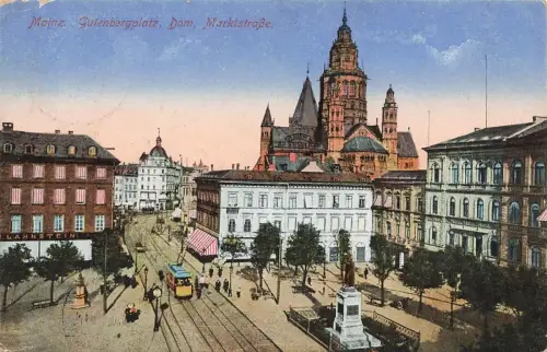 Gutenbergplatz, Dom, Marktstraße in Mainz Rheinland-Pfalz Postkarte AK 1916