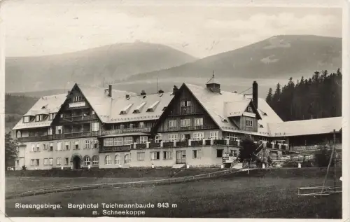 Berghotel Teichmannbaude Schneekoppe Riesengebirge Schlesien Postkarte AK 1932